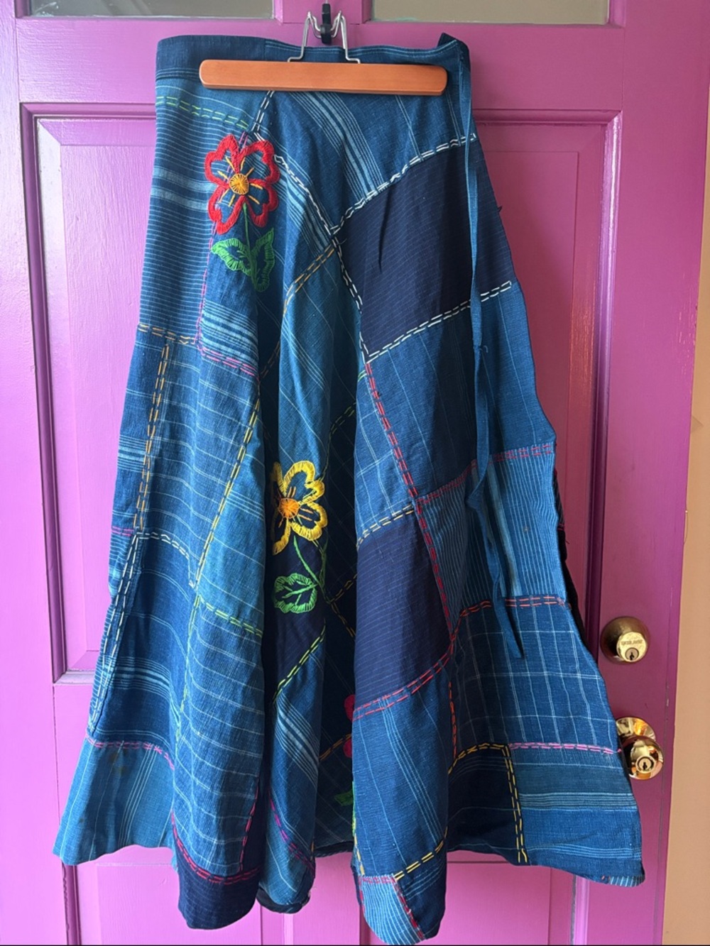Embroidered Indigo vintage denim wrap Skirt handmade cottage industries